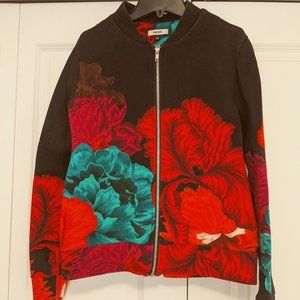 The KIT Black Red Fuchsia Green Floral Bomber Jacket Women M